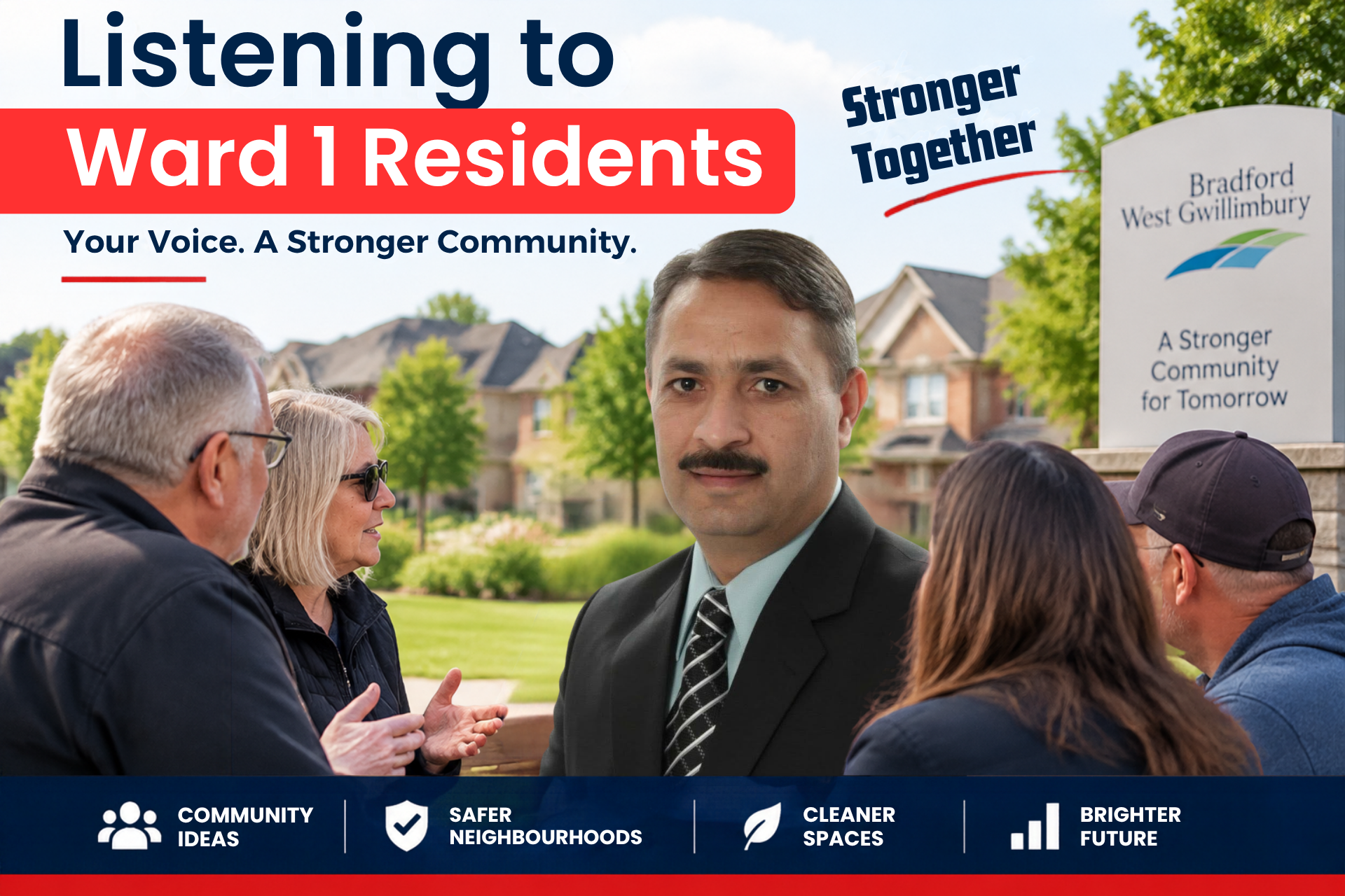 Aftab Hussain listening to Ward 1 residents during a community discussion in Bradford West Gwillimbury